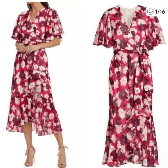 Tanya Taylor Blaire Wrap Midi Dress Sz 8 Red Floral Ruffle V-Neck Flowy Coquette - Picture 1 of 7